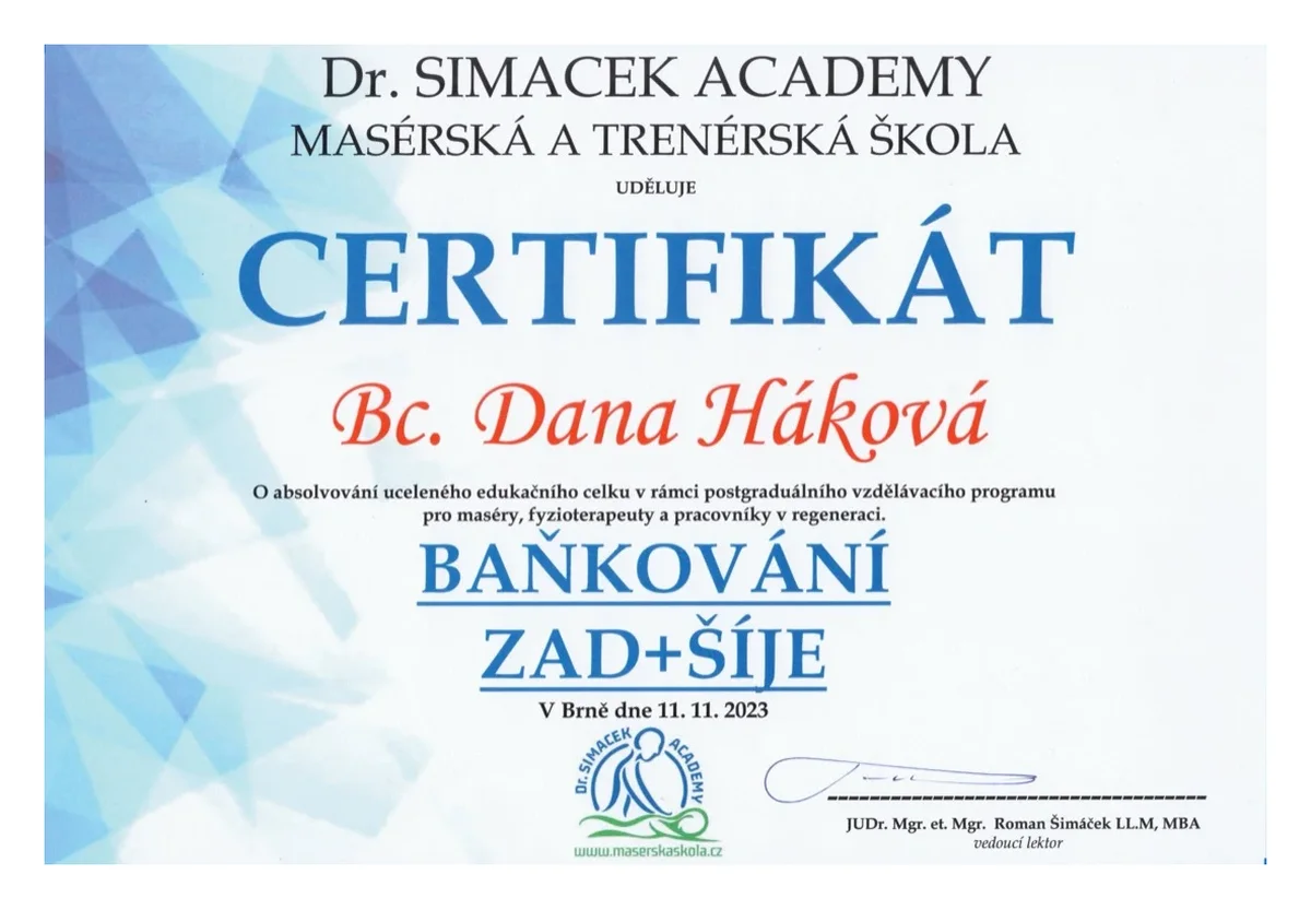 Certifikát Baňkování zad a šíje – Dana Háková, Dr. Simacek Academy 2023