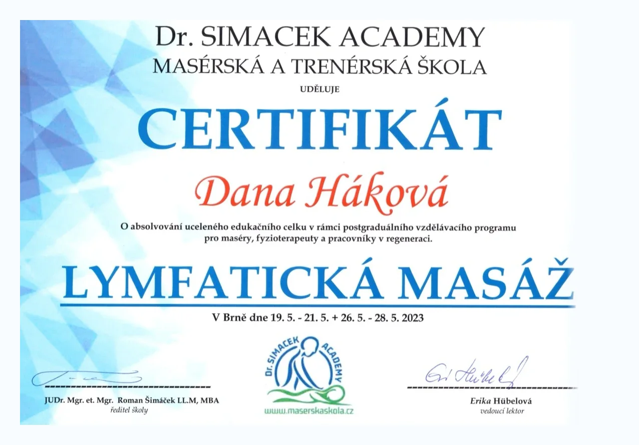 Certifikát Lymfatická masáž – Dana Háková, Dr. Simacek Academy 2023