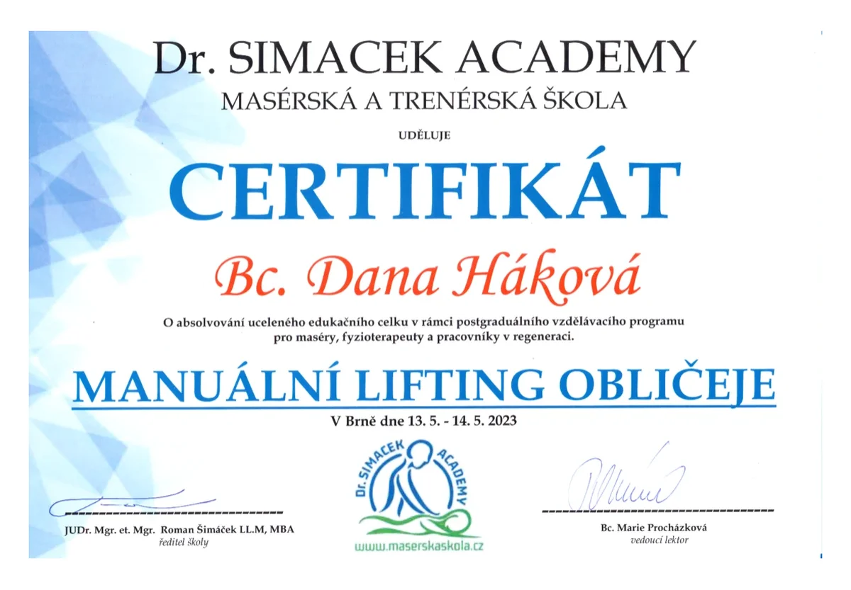 Certifikát Manuální lifting obličeje – Dana Háková, Dr. Simacek Academy 2023