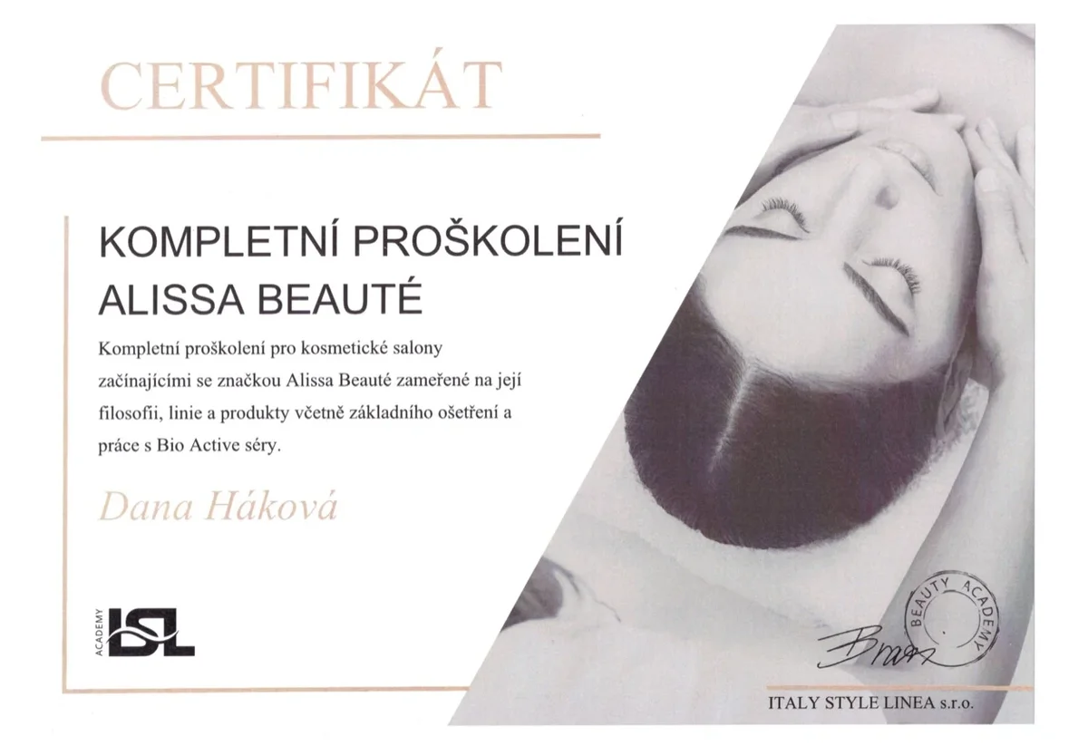 Certifikát Proškolení Alissa Beauté – Dana Háková, Italy Style Linea